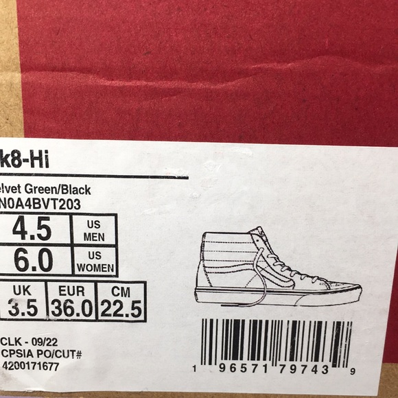 NWT Vans SK8 Hi Top in Velvet Green and Black Women’s 6 - Picture 8 of 10